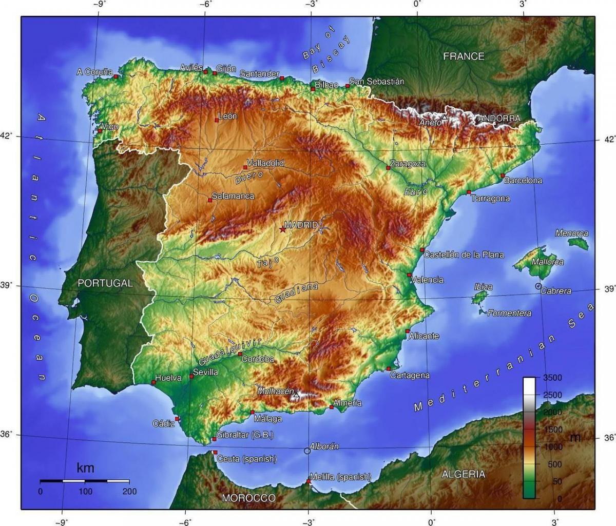 Espagne carte d'altitude
